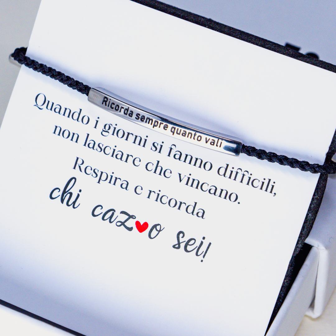 Bracciale Motivazionale Donna 'Ricorda Sempre Quanto Vali' - Acciaio Inox E Corda, Regolabile, Nero - Foto 12